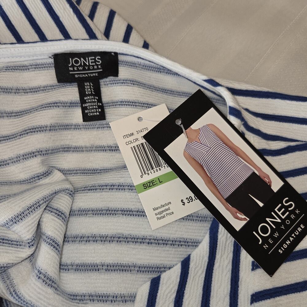 Jones NY Signature Striped Top Womens SIZE L Striped Blue White Nautical NWT - Picture 5 of 16